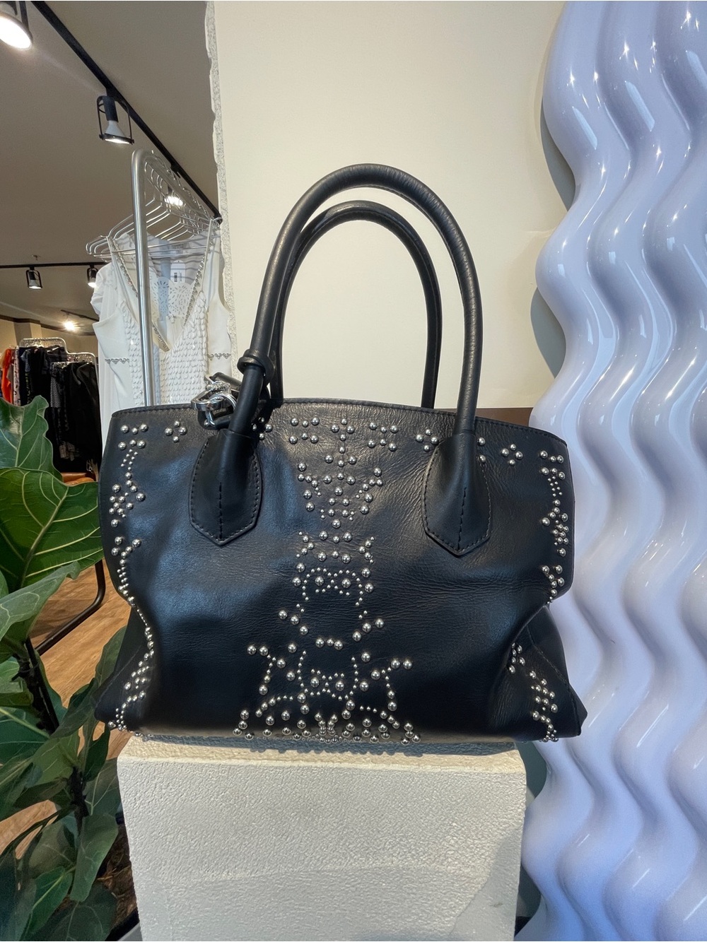 Black Leather Studded Top-Handle Satchel